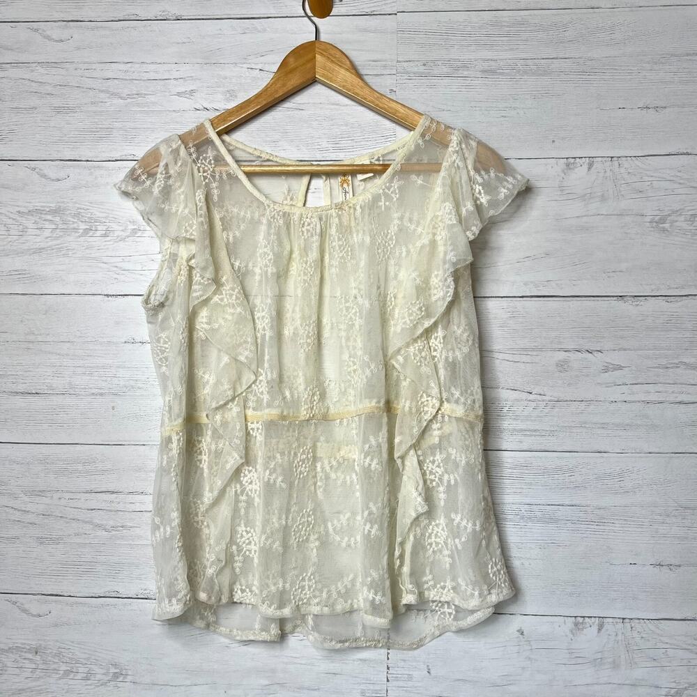 Adiva Top Womens Size Small Ivory Lace Floral Mesh Flutter Sleeves Peplum Ruffle